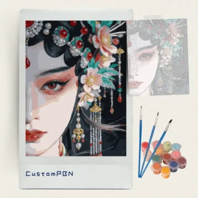 CustomPBN paint by numbers kit with oriental beauty canvas, 3 brushes, and 24 acrylic colors