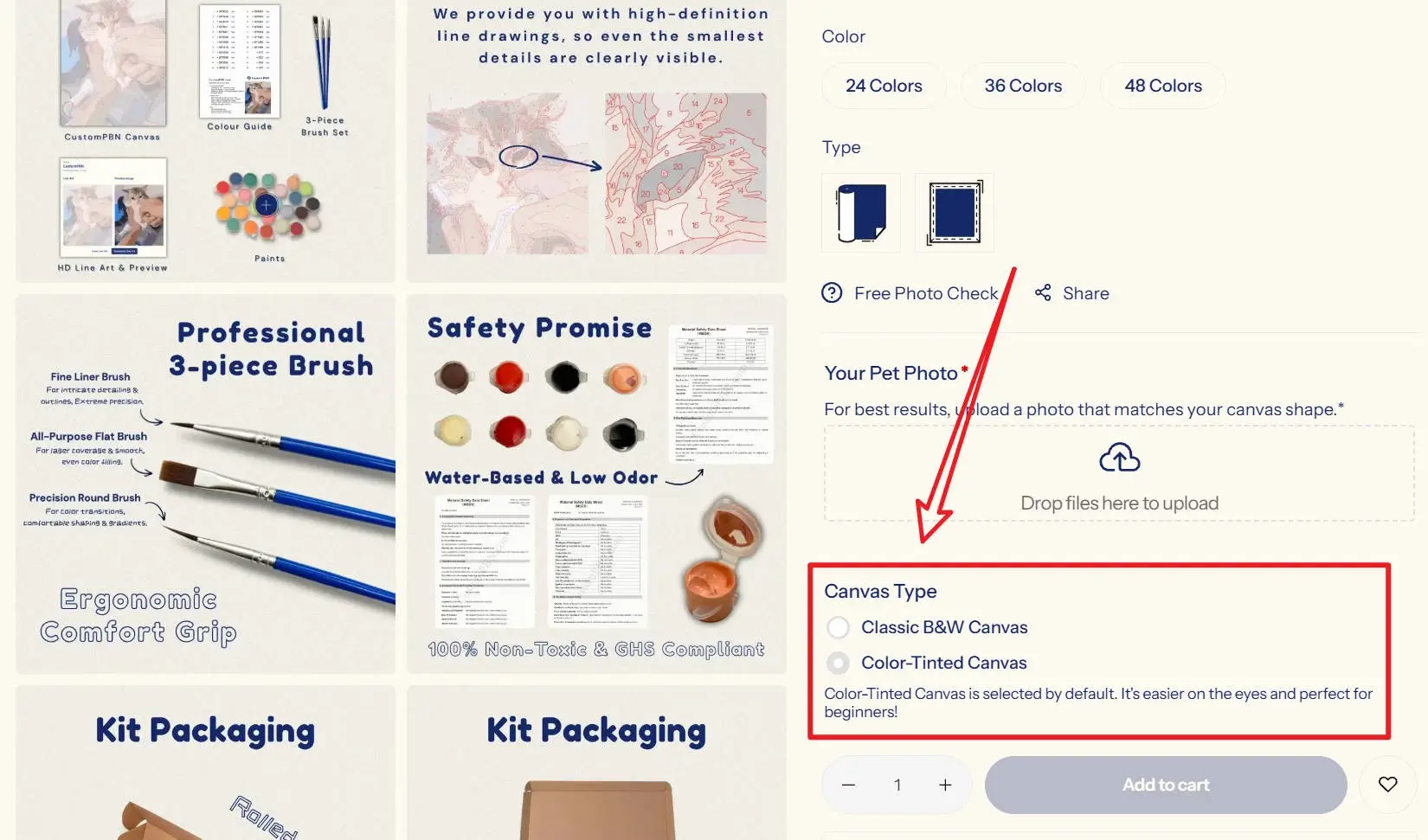 Screenshot of the CustomPBN product page highlighting the option to choose between a Classic B&W Canvas or a Color-Tinted Canvas before adding to cart.