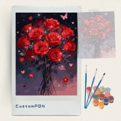 CustomPBN paint by numbers kit with red roses canvas, 3 brushes, and 24 acrylic colors