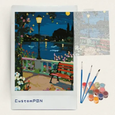 CustomPBN paint by numbers kit with night park canvas, 3 brushes, and 24 acrylic colors