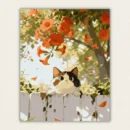 Finished 16x20 paint by numbers canvas of a cute calico cat peeking over a wooden fence with orange flowers