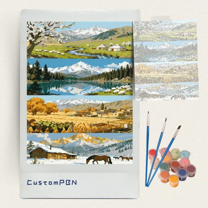 DIY paint by number kits including a 16x20in canvas, 3 brushes, and 24 vivid acrylic colors.