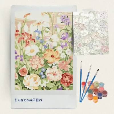 Box contents of the vintage botanical garden DIY paint by number kits with 24 paints and brushes