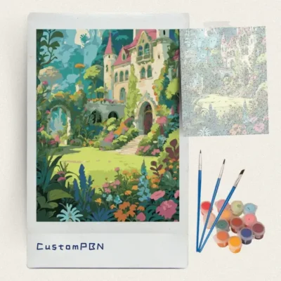 Box contents of the fairy tale castle DIY paint by number kits with 24 paints and brushes