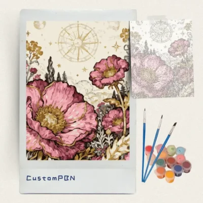Box contents of the celestial flower DIY paint by number kits with 24 paints and brushes