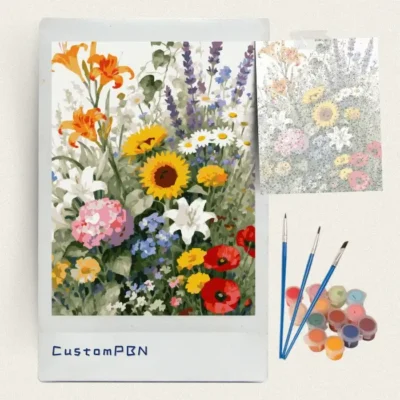 Box contents of the summer floral bouquet DIY paint by number kits with 24 paints and brushes