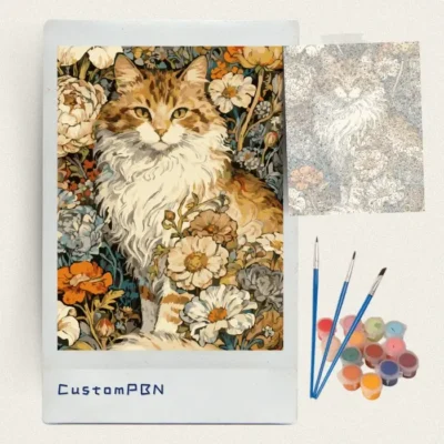 Box contents of the floral cat DIY paint by number kits with 24 paints and brushes