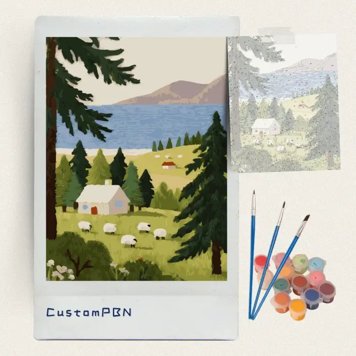 Box contents of the landscape DIY paint by number kits with 24 paints and brushes