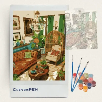 Box contents of the vintage living room DIY paint by number kits with 24 paints and brushes