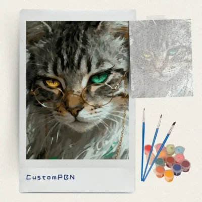 Complete diy paint by numbers kit including numbered canvas, brushes, and acrylic paints for the cool cat design.