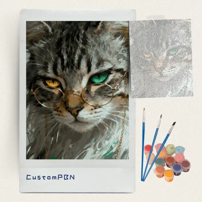 Complete diy paint by numbers kit including numbered canvas, brushes, and acrylic paints for the cool cat design.