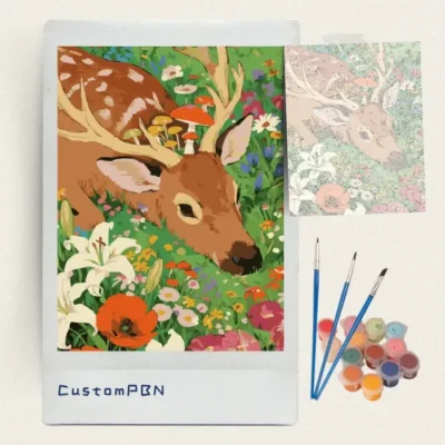 Complete diy paint by numbers kit including numbered canvas, 3 brushes, and 24 acrylic paints for the deer design.