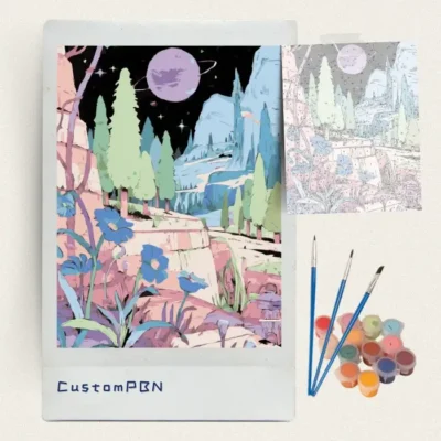 Complete diy paint by numbers kit including canvas, brushes, and acrylic paints for the fantasy planet design.