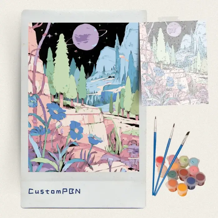 Complete diy paint by numbers kit including canvas, brushes, and acrylic paints for the fantasy planet design.
