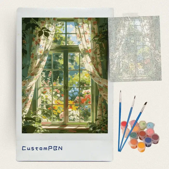 Complete diy paint by numbers kit including canvas, brushes, and acrylic paints for the floral window design.