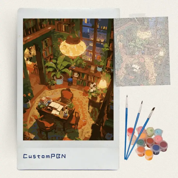Complete diy paint by numbers kit including canvas, brushes, and acrylic paints for the cozy library design.