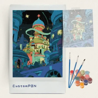 Complete diy paint by numbers kit including numbered canvas, 3 brushes, and 24 acrylic paints for the magical city design.