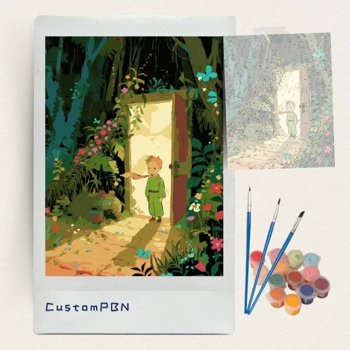 Complete diy paint by numbers kit including numbered canvas, brushes, and acrylic paints for the magical forest design.