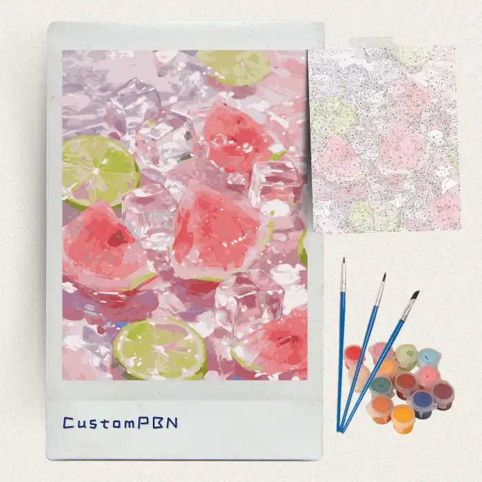Pre-stretched premium paint by number with wooden frame ready to paint the summer fruits.