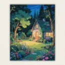Finished 16x20 paint by numbers canvas of a cozy glowing cottage in an enchanted night forest
