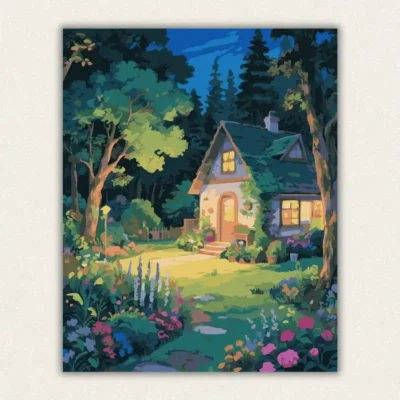 Finished 16x20 paint by numbers canvas of a cozy glowing cottage in an enchanted night forest