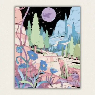 Pastel fantasy planet landscape paint by numbers for adults finished artwork.