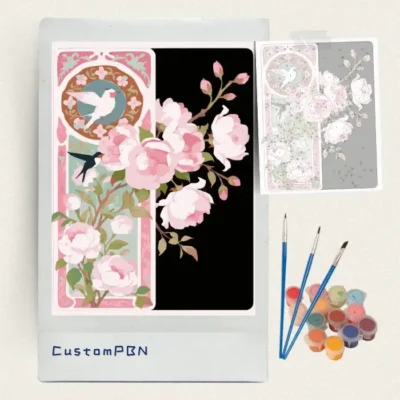 Art Nouveau floral paint by numbers kit with canvas, 24 paints, and brushes