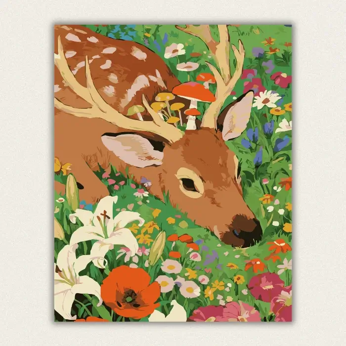 Floral deer and mushrooms paint by numbers for adults finished canvas.