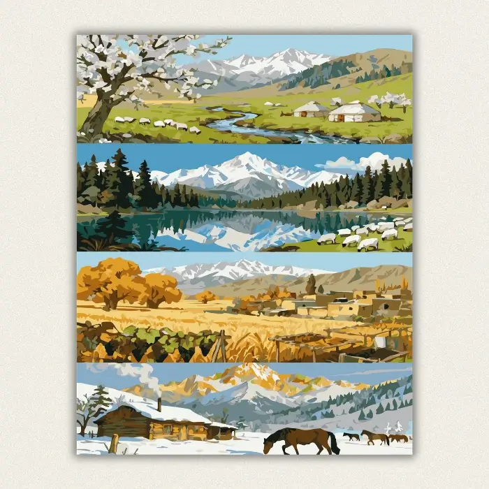 Four seasons landscape paint by numbers for adults featuring spring, summer, autumn, and winter.