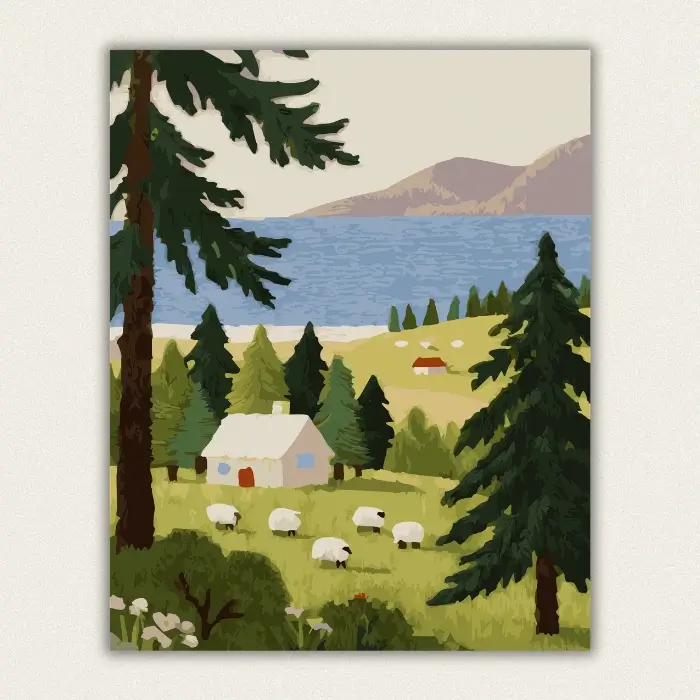 Finished lake and sheep landscape paint by numbers for adults