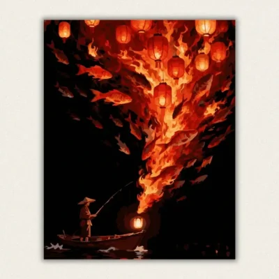 Finished paint by numbers canvas of a fisherman with glowing lanterns and flying fire fish