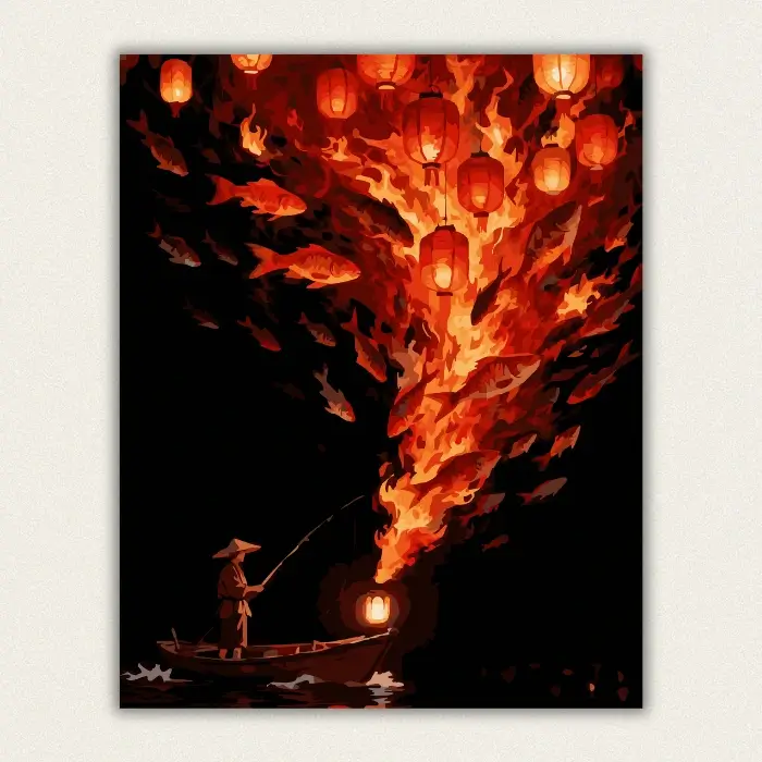 Finished paint by numbers canvas of a fisherman with glowing lanterns and flying fire fish