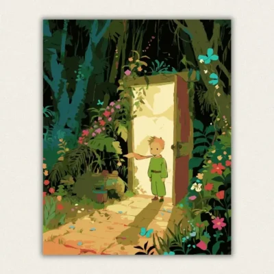 Magical forest and glowing door paint by numbers for adults finished artwork.
