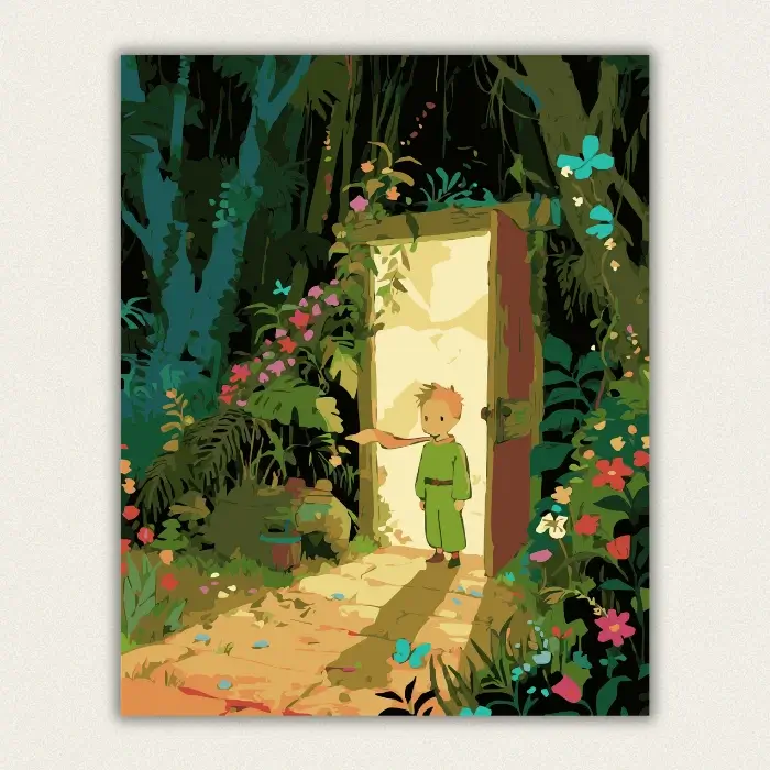 Magical forest and glowing door paint by numbers for adults finished artwork.