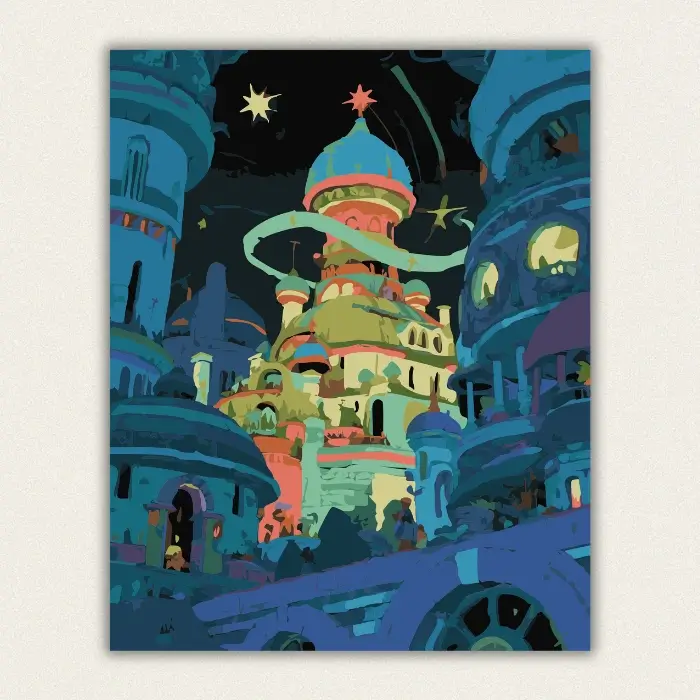 Magical night city and starry sky paint by numbers for adults finished canvas.