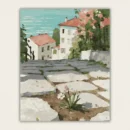 Finished 16x20 Mediterranean coastal town paint by numbers canvas with rustic stone path and ocean view