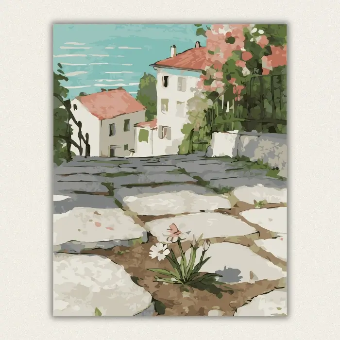 Finished 16x20 Mediterranean coastal town paint by numbers canvas with rustic stone path and ocean view