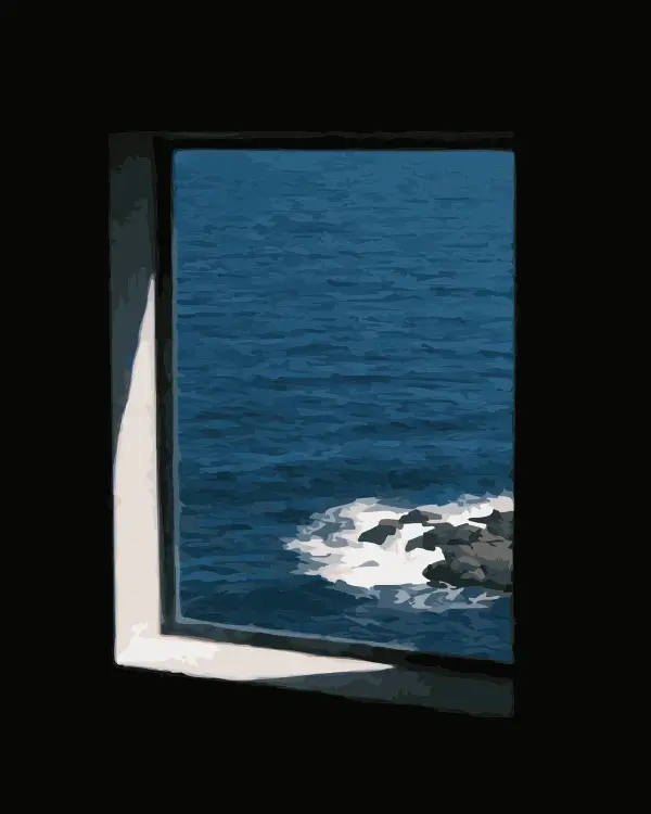 A minimalist paint by numbers canvas showing a deep blue ocean and crashing white waves framed by a dark window, available as a CustomPBN DIY kit.