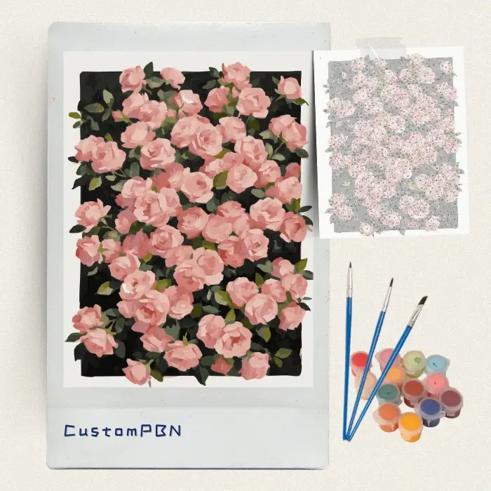 CustomPBN dark floral roses paint by numbers kit including a 16x20 numbered canvas, 24 paints, and three brushes.