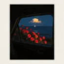 Finished 16x20 aesthetic ocean and roses paint by numbers canvas showing a vintage car window view.