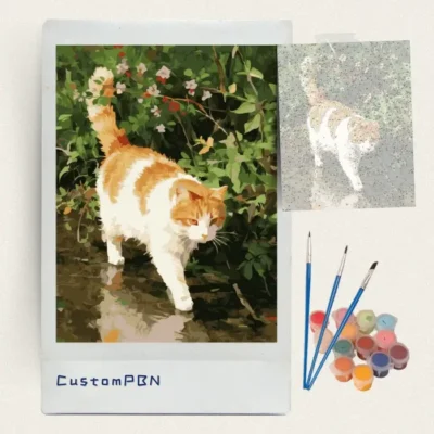 CustomPBN ginger cat paint by numbers kit including the 16x20 numbered canvas, 24 paints, and three brushes.