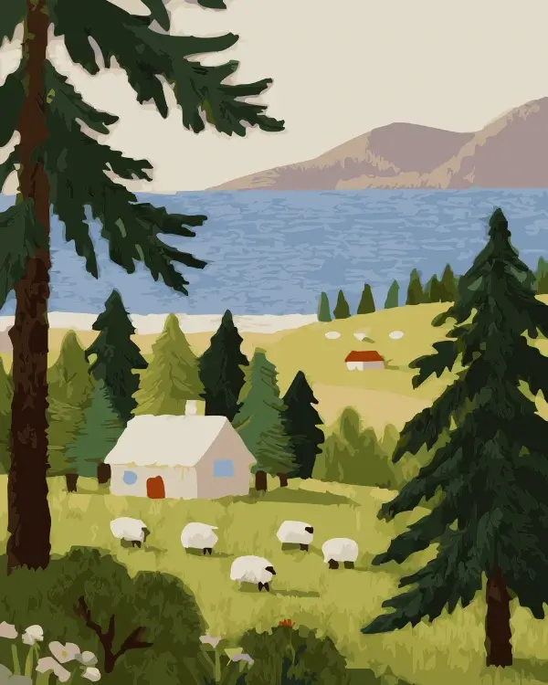 A relaxing countryside landscape paint by numbers featuring a white cottage, grazing sheep, pine trees, and a lake, available as a custom painting kit.