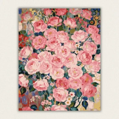 Finished 16x20 pink roses paint by numbers canvas showing a vibrant, modern impressionist bouquet of blooming flowers.