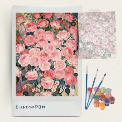 CustomPBN pink roses paint by numbers kit including the 16x20 numbered canvas, 24 paints, and three brushes.