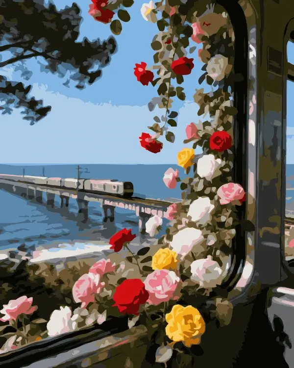 A beautiful scenic paint by numbers canvas viewed through a window framed with colorful blooming roses, showing a train crossing a bridge over the blue ocean.
