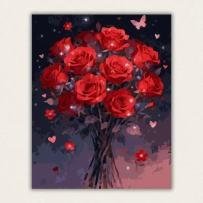 Finished 16x20 paint by numbers canvas of a romantic red roses bouquet on a dark starry background