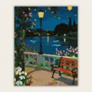 Finished 16x20 starry night park bench paint by numbers canvas with glowing streetlamp