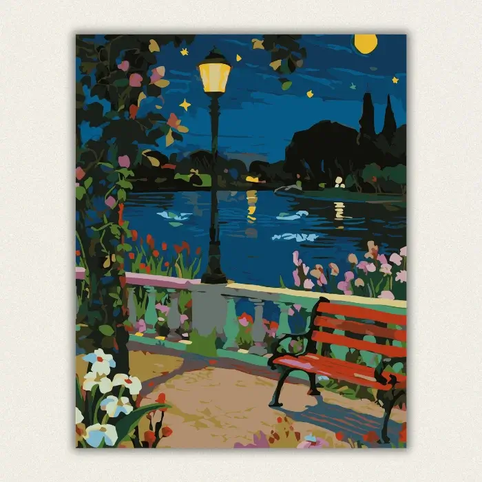 Finished 16x20 starry night park bench paint by numbers canvas with glowing streetlamp
