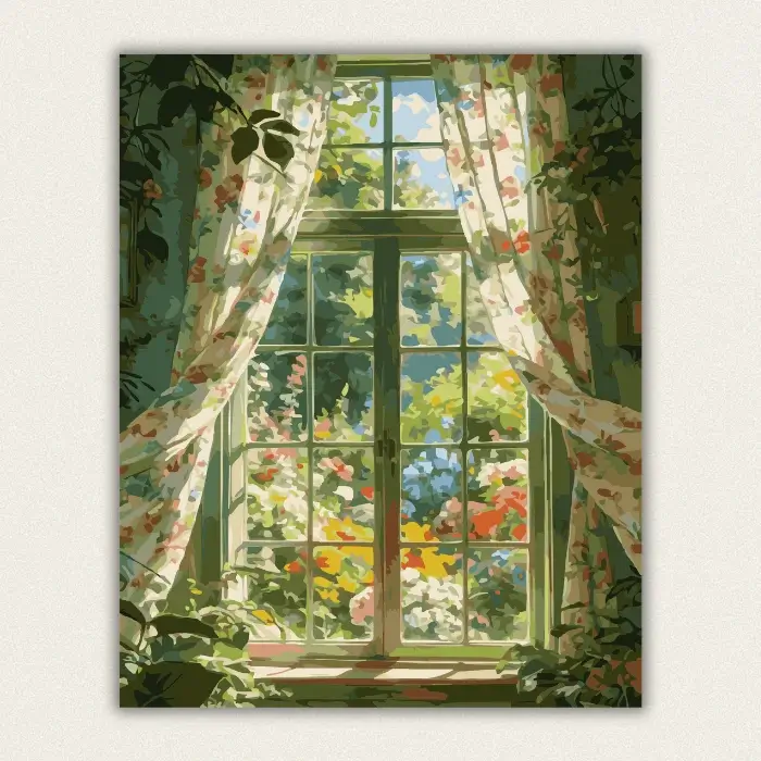 Sunny floral window and blooming garden paint by numbers for adults finished artwork.