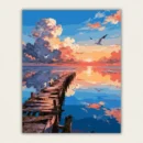 Finished paint by numbers canvas of a colorful sunset over a wooden pier